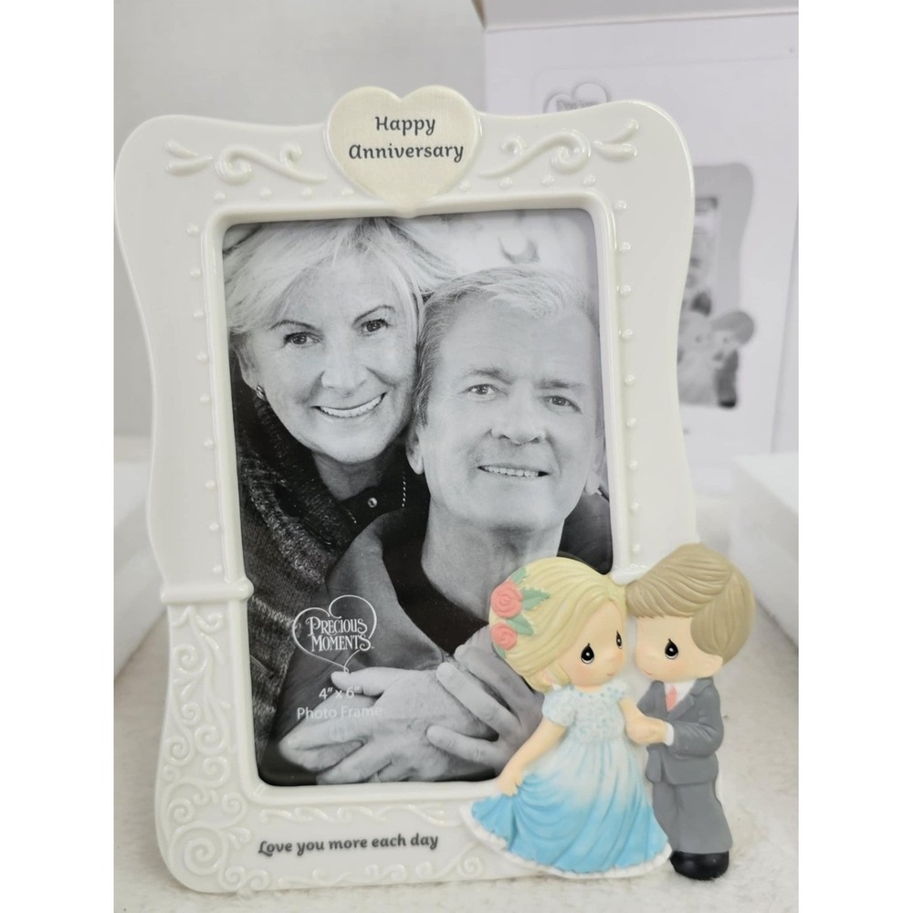 Precious Moments White Anniversary Frame with Couple Figurine and Pastel Accents